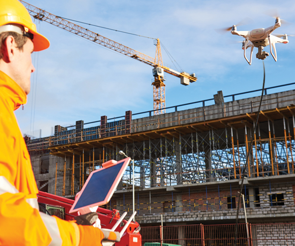 Gore’s tethered drone cable attached to a DJI Phantom 4 drone at construction site.