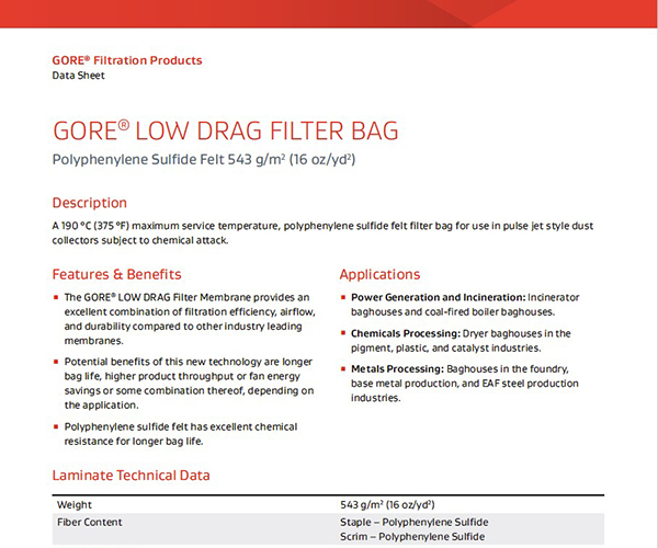 GORE-LOW-DRAG-Filter-Bags-5170-Propylene-Sulfide-543-Datasheet